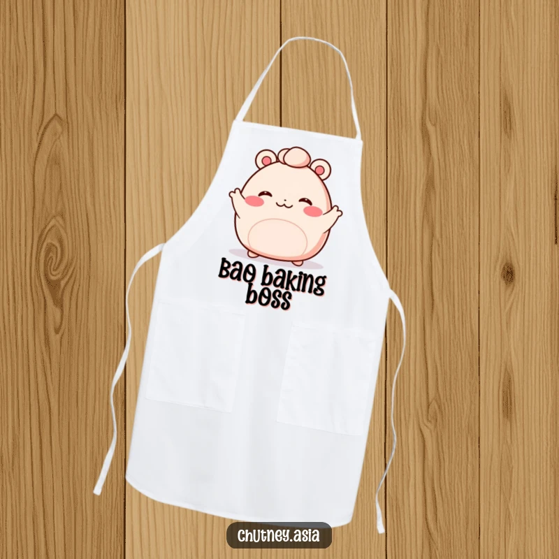 Funny bao bun apron with a blushing, kawaii bao bun and tiny arms waving enthusiastically, perfect for a fun cooking experience.