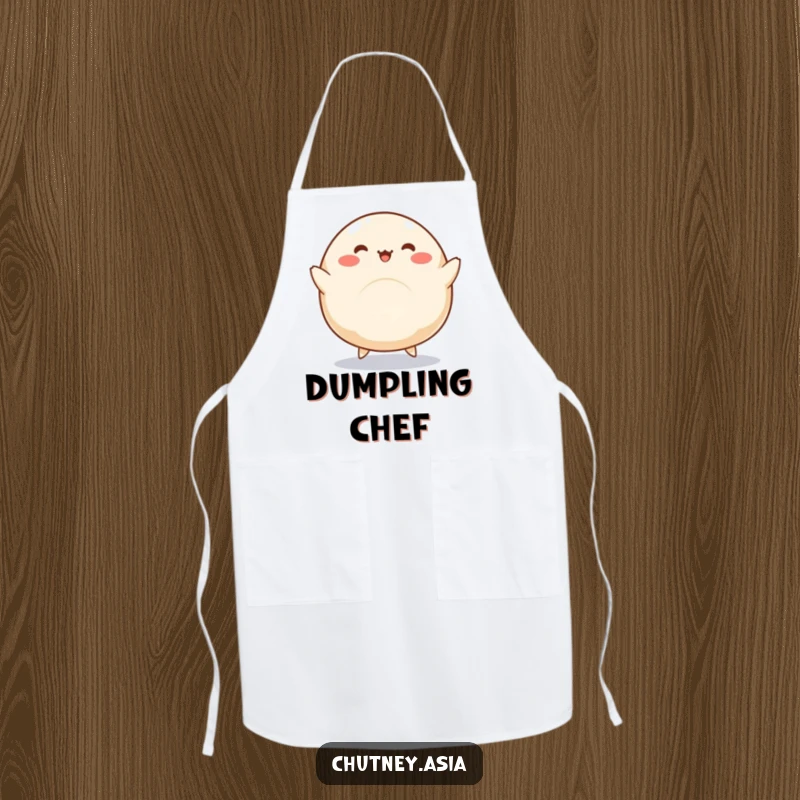 Funny dumpling apron with a round, kawaii dumpling and little legs doing a silly dance, perfect for a fun cooking experience.