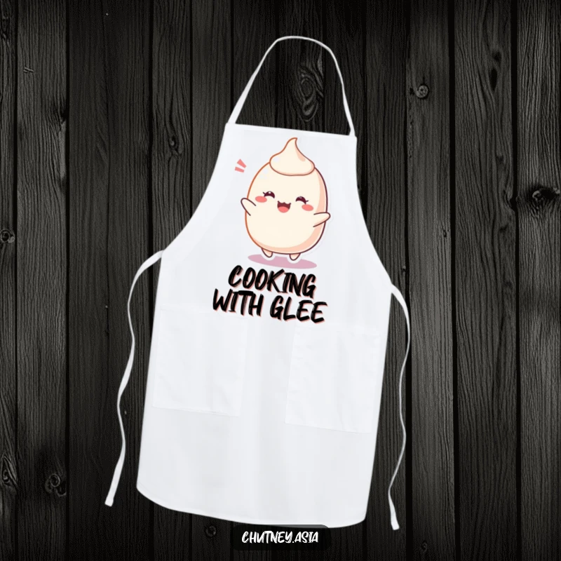 Funny Mochi Apron featuring a cheerful, blushing mochi character bouncing with delight, ideal for kitchen use and a fun, useful funny gift.