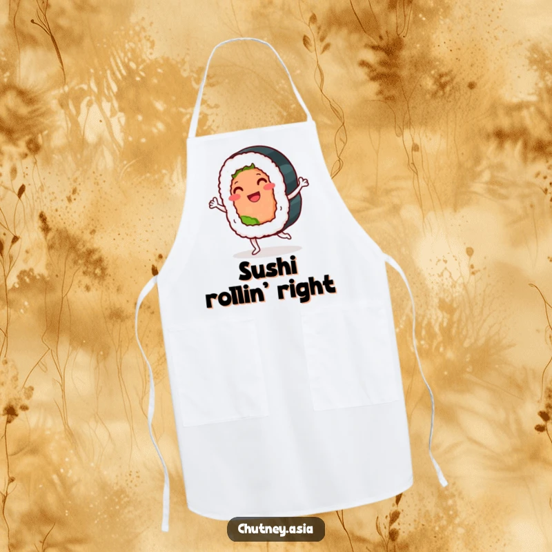 Funny sushi roll apron with a smiling, anthropomorphic sushi roll doing a playful jig, perfect for a fun cooking experience.