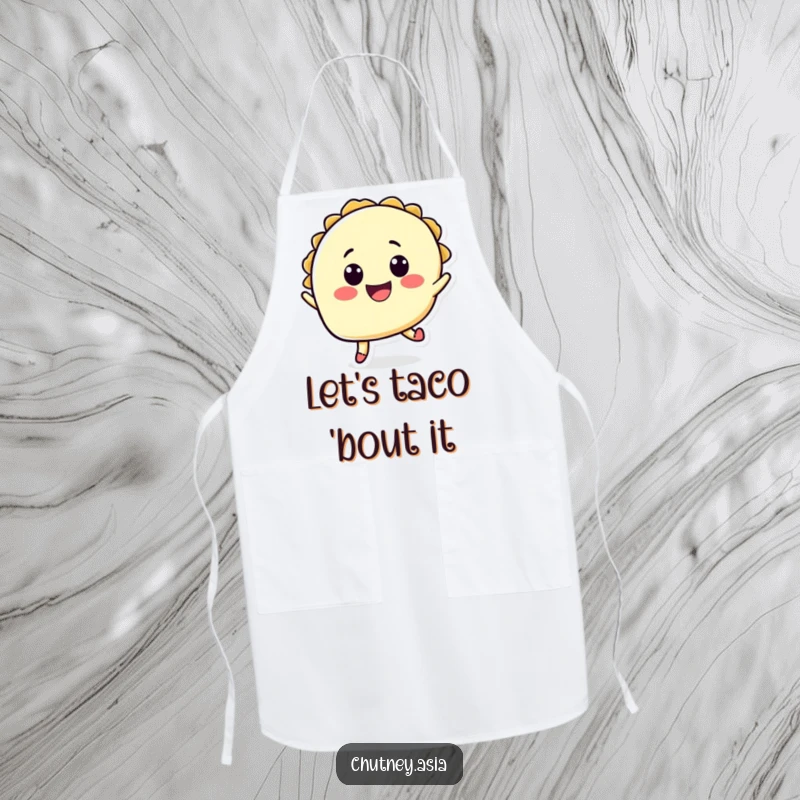 Funny taco jump apron with a cheerful taco character mid-leap, adding humor and practicality to kitchen wear.