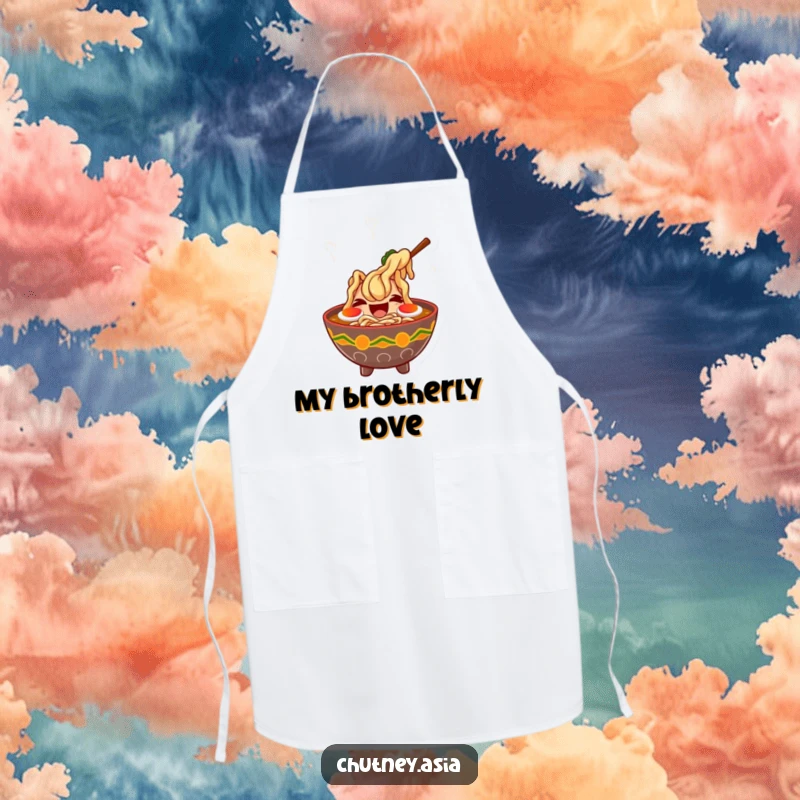 Funny ramen laugh apron with a giggling bowl of ramen and dancing steam, adding humor and practicality to kitchen wear.