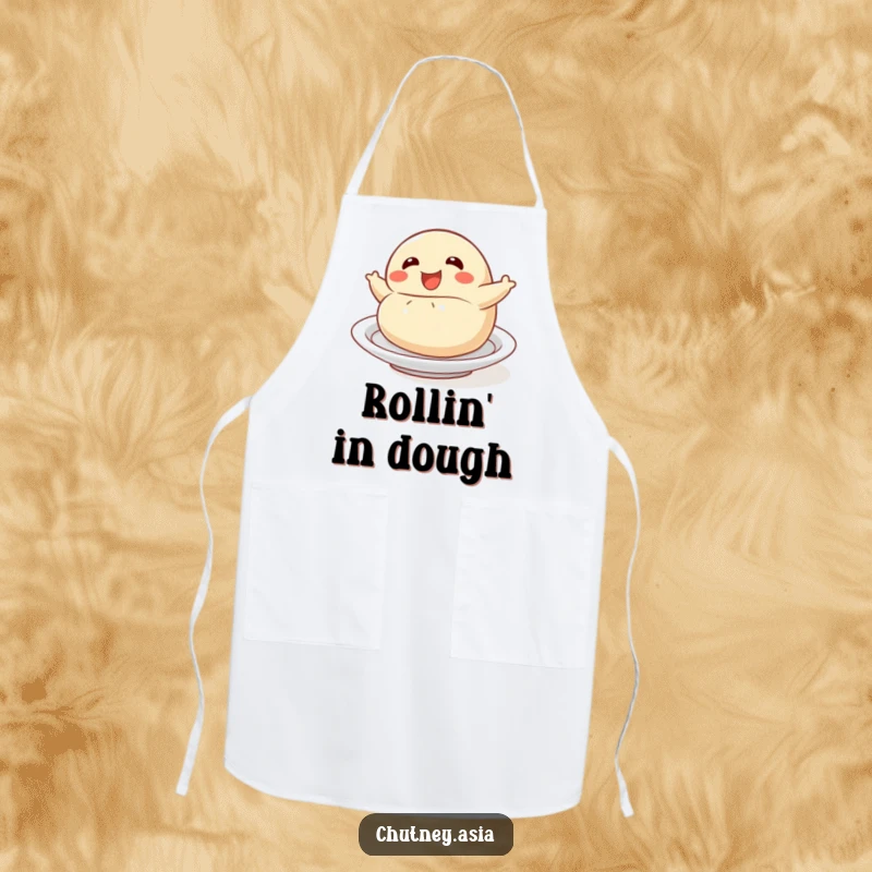 Funny dumpling roll apron with a delighted dumpling character playfully tumbling, adding humor and practicality to kitchen wear.