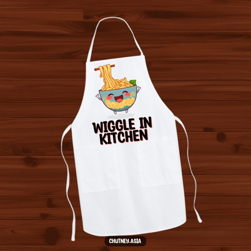 Funny ramen apron with a cheerful, anthropomorphic bowl of ramen noodles wiggling excitedly, perfect for a fun cooking experience.