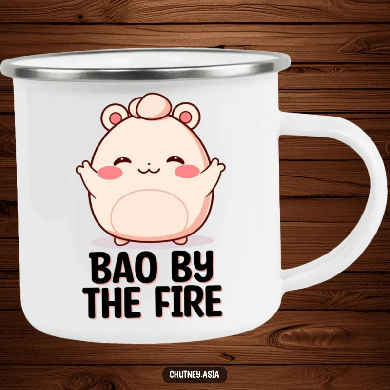 Funny bao bun camping mug featuring a blushing, kawaii bao bun with tiny arms waving enthusiastically, perfect for outdoor fun.