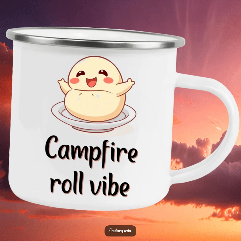 Funny dumpling roll camping mug featuring a delighted dumpling character playfully rolling, perfect for outdoor enthusiasts seeking humor.