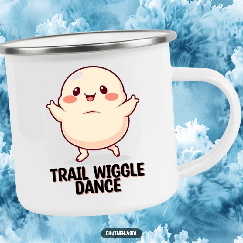 Funny dumpling camping mug, dancing with exaggerated, wiggly feet, durable for outdoor use and humorous appeal.