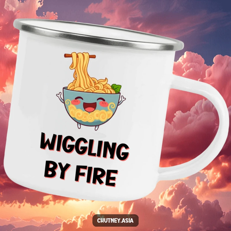 Funny ramen camping mug featuring a cheerful, anthropomorphic bowl of ramen noodles wiggling excitedly, perfect for outdoor fun.