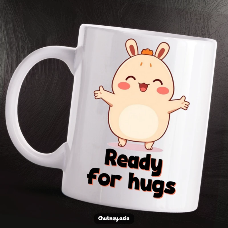 Funny bao bun mug, happy character with arms outstretched, ready to embrace a friend, radiating warmth and joy.