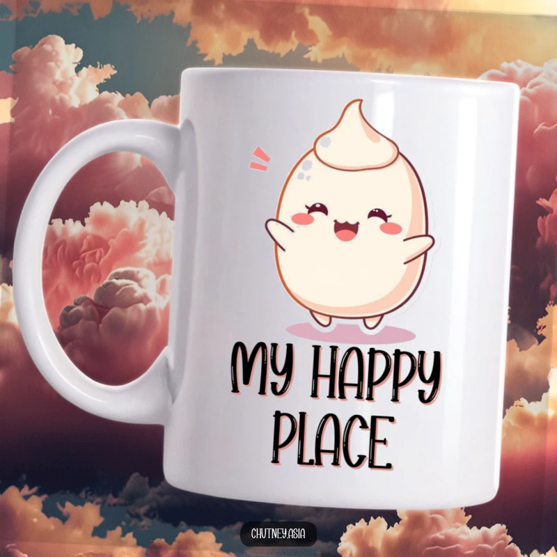 Funny Mochi Mug featuring a cheerful, blushing mochi character bouncing with pure delight, radiating happiness and sweetness for a perfect gift.
