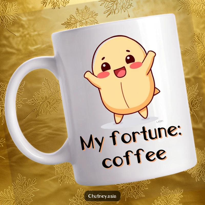 Funny fortune cookie mug featuring a happy, anthropomorphic fortune cookie doing a cartwheel, spreading positivity and humor.