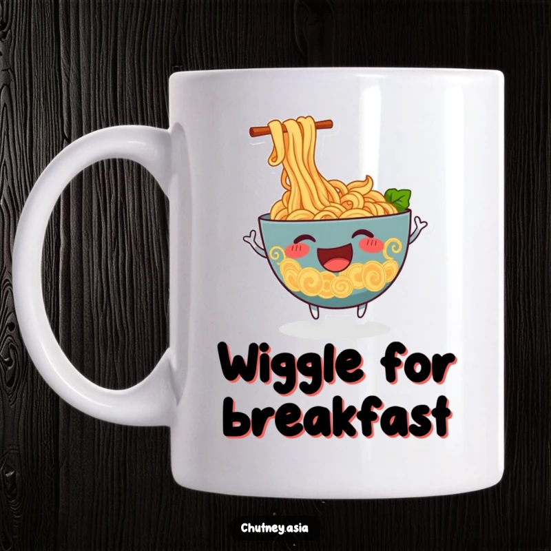 Funny ramen mug featuring a cheerful, anthropomorphic bowl of ramen noodles wiggling excitedly, bringing food-themed joy.