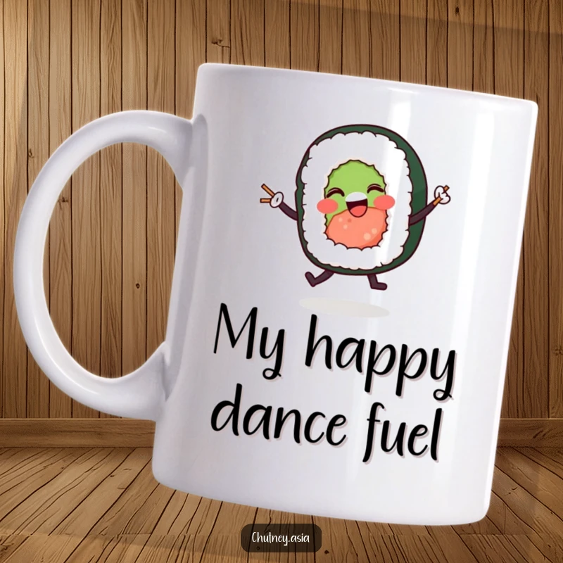 Funny sushi roll mug featuring a happy character dancing with tiny chopsticks, spreading laughter and good vibes.