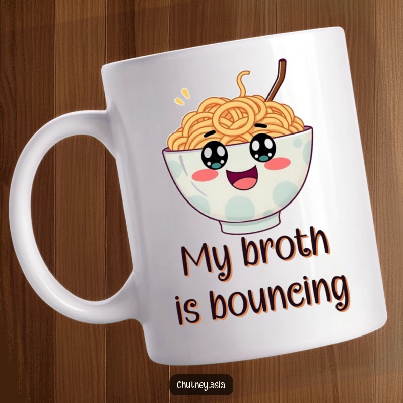 Funny ramen bowl mug, wobbly with googly eyes, bouncing excitedly with pure joy, ideal for a funny gift.