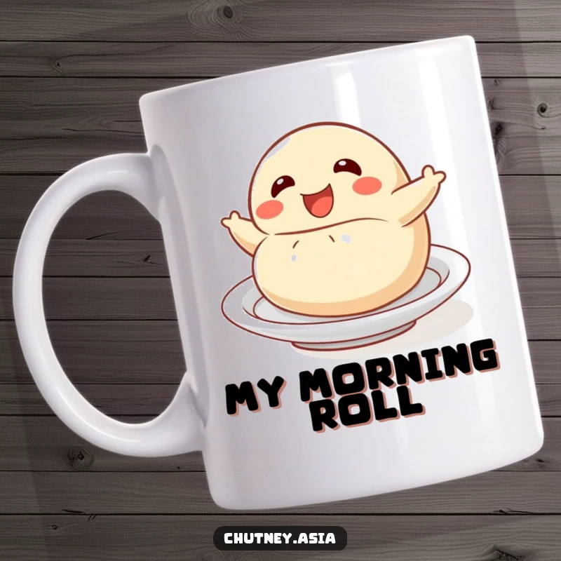 Funny dumpling roll mug featuring a delighted dumpling character playfully rolling on a small plate.