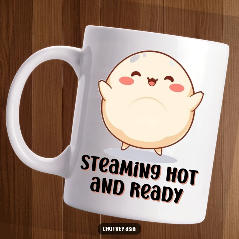 Funny dumpling mug featuring a round, kawaii dumpling with little legs doing a silly dance, bringing cuteness and humor.