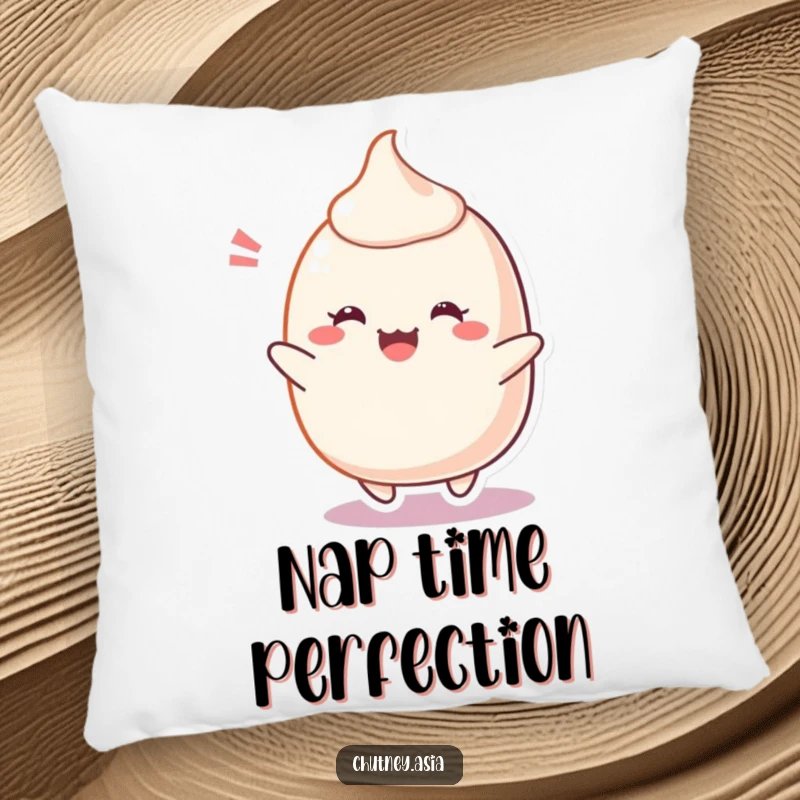 Funny Mochi Pillow adorned with a cheerful, blushing mochi character bouncing with delight, offering plush comfort and a dose of happy energy, a cute funny gift.