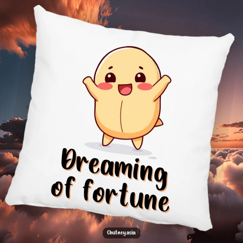 Funny fortune cookie pillow showcasing a happy, anthropomorphic fortune cookie doing a cartwheel, offering comfort and good fortune.