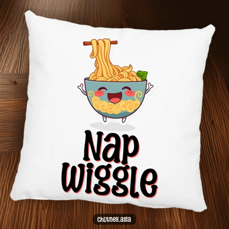 Funny ramen pillow showcasing a cheerful, anthropomorphic bowl of ramen noodles wiggling excitedly, offering comfort and humor.