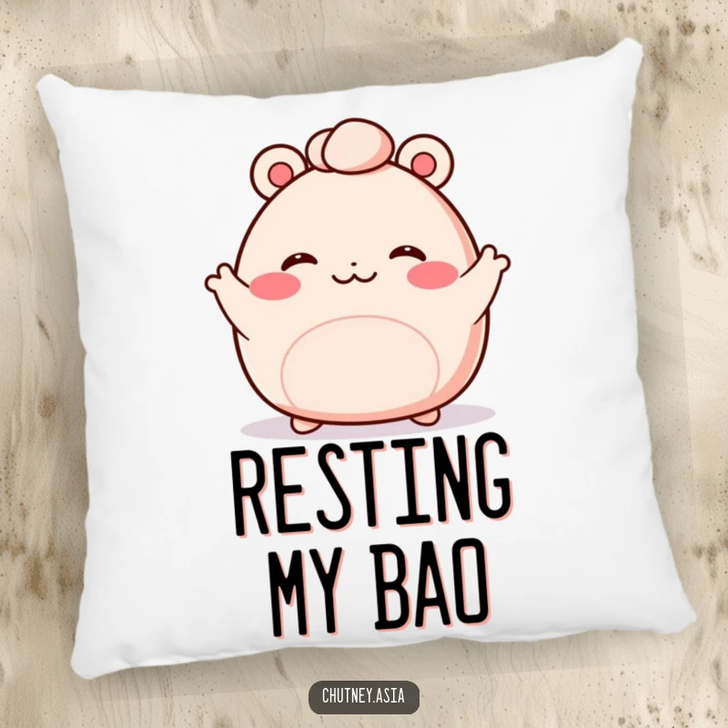 Funny bao bun pillow showcasing a blushing, kawaii bao bun with tiny arms waving enthusiastically, offering comfort and cuteness.