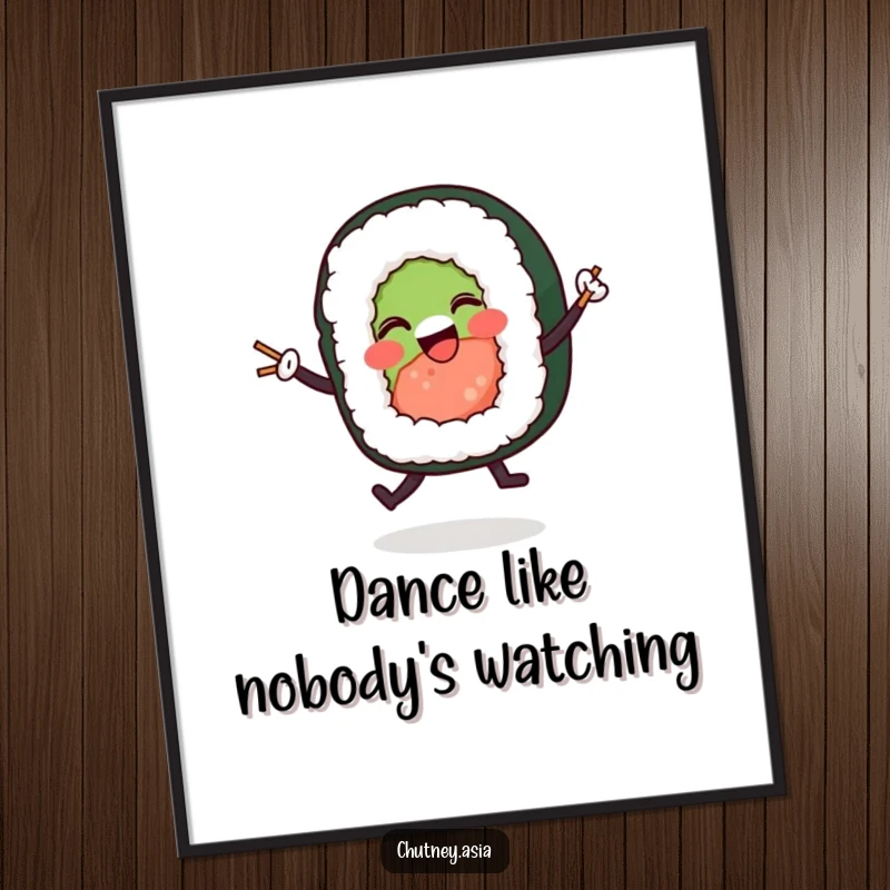 Funny sushi roll dancing digital art print of a happy character performing a lively dance with miniature chopsticks, for immediate wall decor.