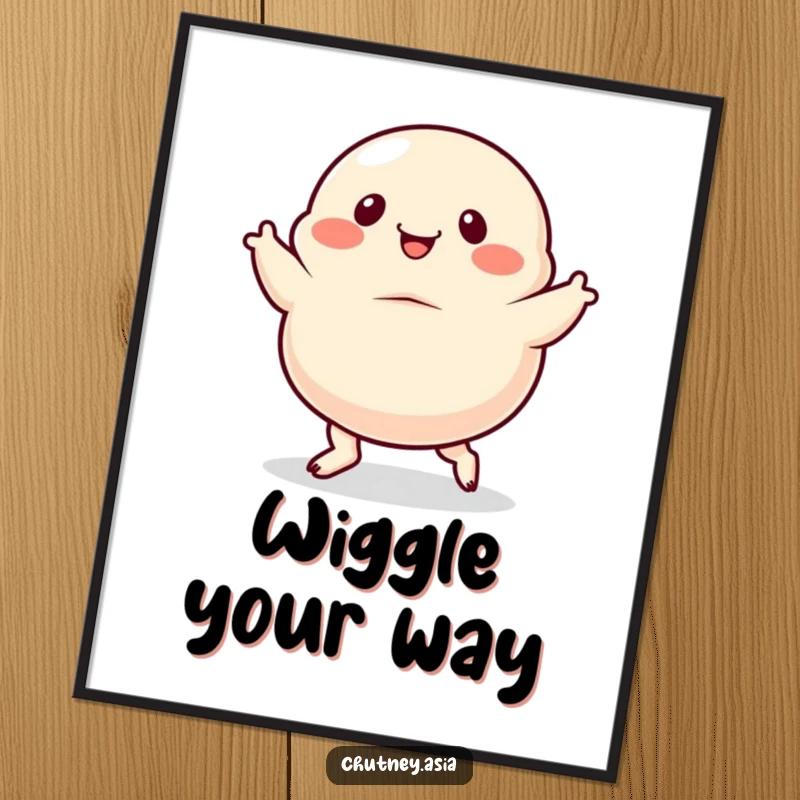 Funny dumpling digital art print, dancing with exaggerated, wiggly feet, full of motion and humor, high-quality.