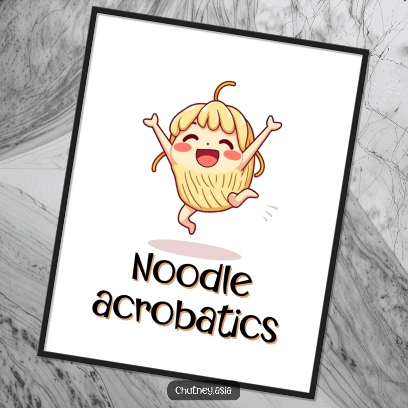 Funny Digital Art Print: An excited, beaming noodle character performs a cartwheel, full of energy and joy.