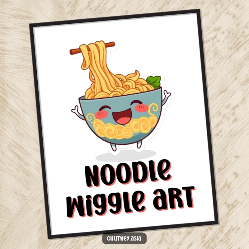 Funny ramen digital art print of a cheerful, anthropomorphic bowl of ramen noodles wiggling excitedly, ideal for instant decor.