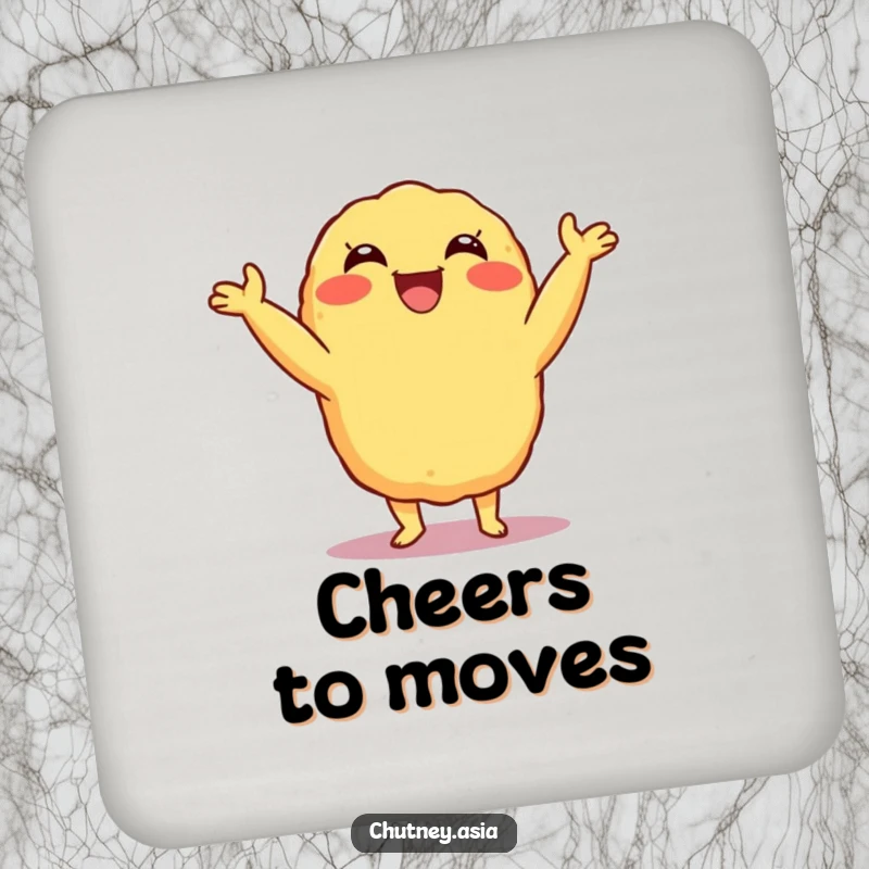 Funny Tempura Shimmy Coaster with a delighted, grinning tempura character doing a little shimmy, protecting surfaces with a splash of food humor, a nice funny gift.