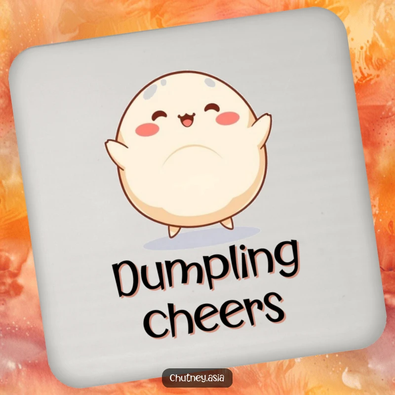 Funny dumpling coasters showcasing a round, kawaii dumpling with little legs doing a silly dance, perfect for surface protection.