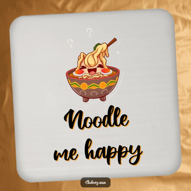 Funny ramen laugh drink coaster with a giggling bowl of ramen and dancing steam, protecting surfaces with food-inspired humor.