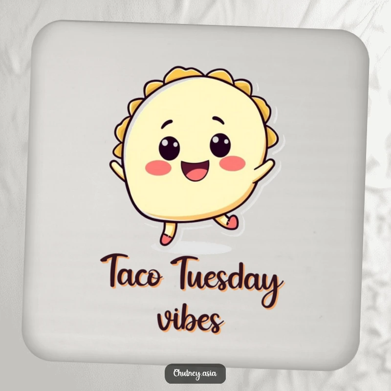 Funny taco jump drink coaster with a cheerful taco character in a joyful leap, protecting surfaces with Mexican-inspired humor.