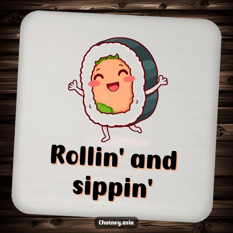 Funny sushi roll coasters showcasing a smiling, anthropomorphic sushi roll doing a playful jig, perfect for drink protection and humor.