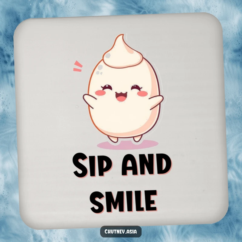 Funny Mochi Coaster with a cheerful, blushing mochi character bouncing with delight, protecting surfaces with a splash of cute humor, a nice funny gift.