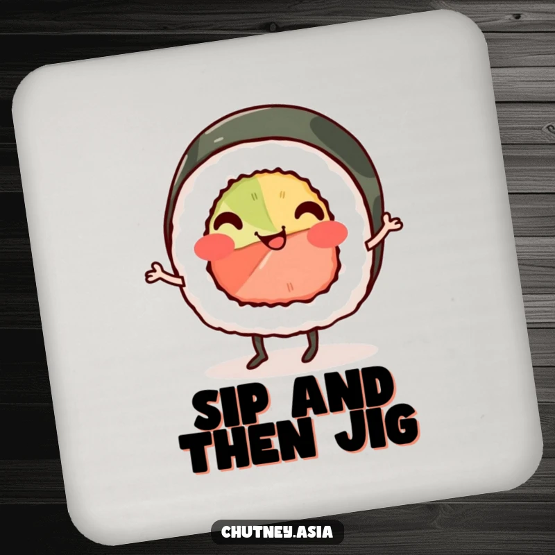 Funny sushi roll coaster, smiling with tiny legs, happily jigging, protecting surfaces with adorable, humorous design.