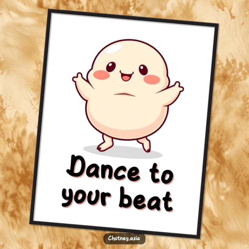Funny dumpling poster, dancing with exaggerated, wiggly feet, creating a vibrant and humorous display for any room.