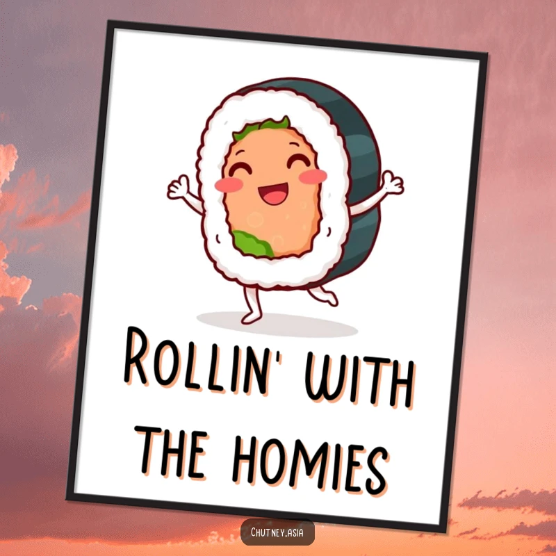 Funny sushi roll poster depicting a smiling, anthropomorphic sushi roll doing a playful jig, adding joy to any wall.