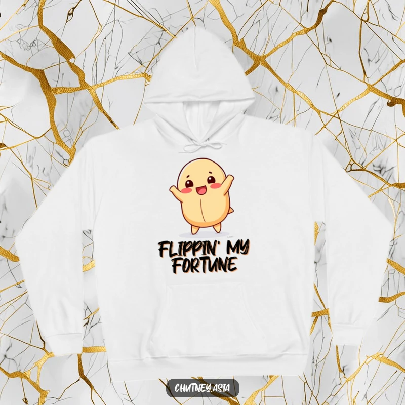 Funny fortune cookie hoodie showcasing a happy, anthropomorphic fortune cookie performing a cartwheel, offering warmth and inspiration.