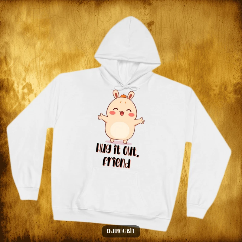 Funny bao bun hoodie, happy with arms outstretched, ready to give a warm embrace, cozy and comforting for fans.