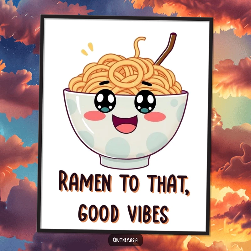 Funny Free Printable Wall Art: A wobbly ramen bowl with googly eyes bouncing excitedly, adding personality to a room.