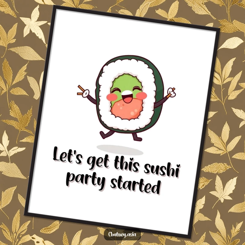 Funny free printable wall art: a smiling sushi roll performs a vibrant dance, bringing playful energy to any room.