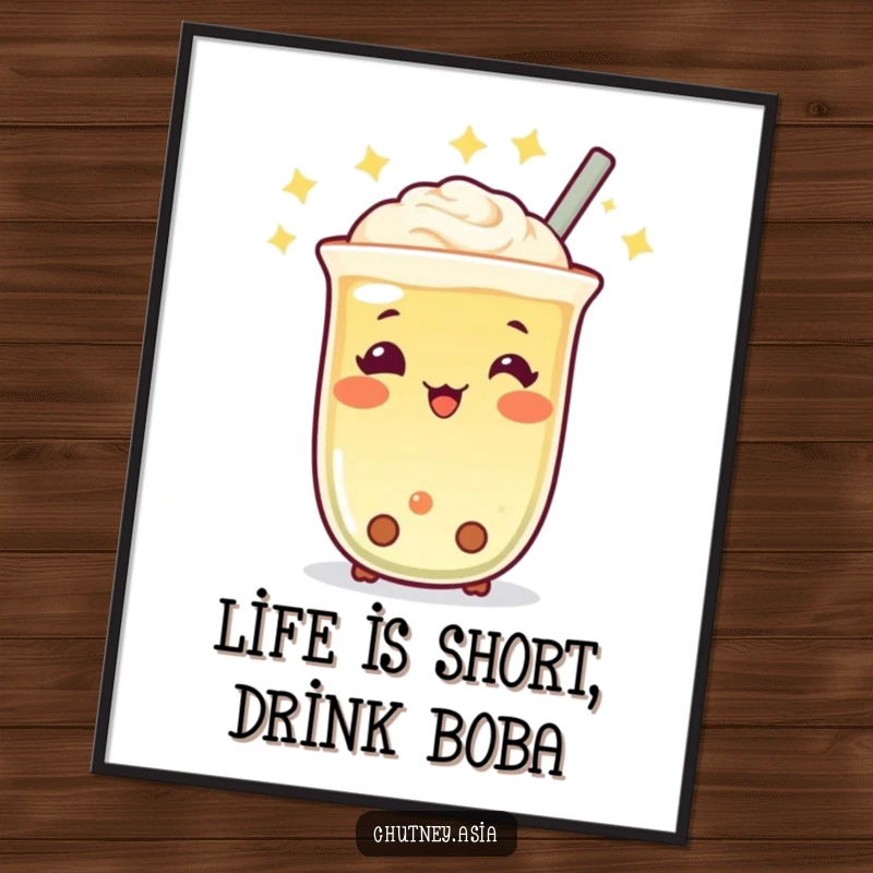 Funny Free Printable Wall Art of a cheerful, twinkling Boba tea character bobbing playfully.