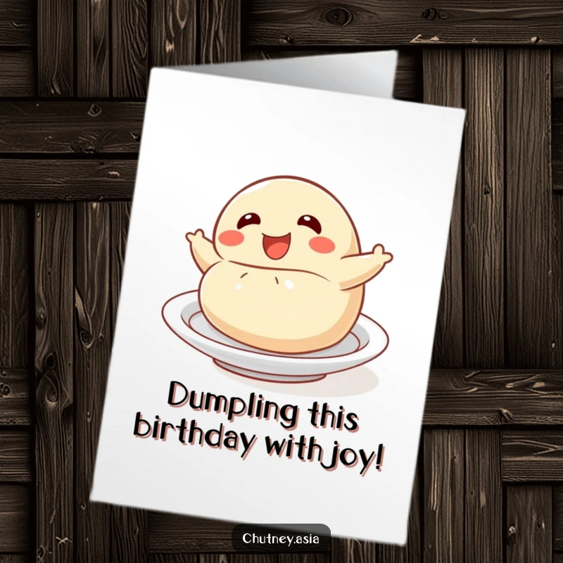 Funny free printable birthday card: a delighted dumpling character rolls playfully, celebrating with adorable charm.