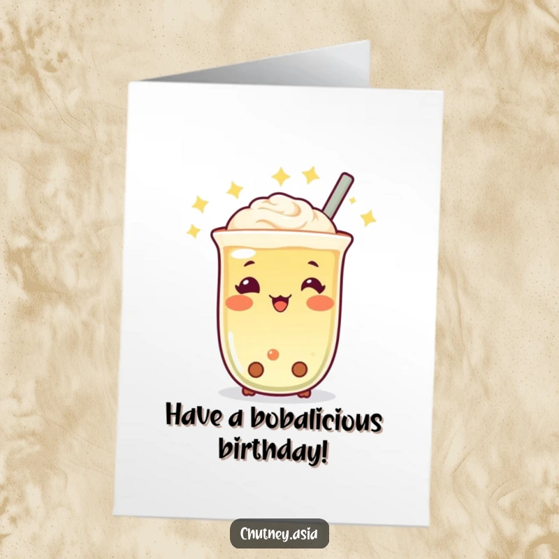 Funny Free Printable Birthday Card featuring a cheerful, twinkling Boba tea character happily bobbing.