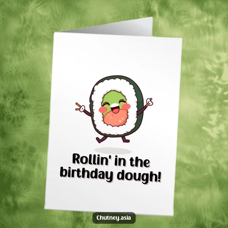 Funny free printable birthday card: a smiling sushi roll enthusiastically dances with tiny chopsticks, radiating pure joy.