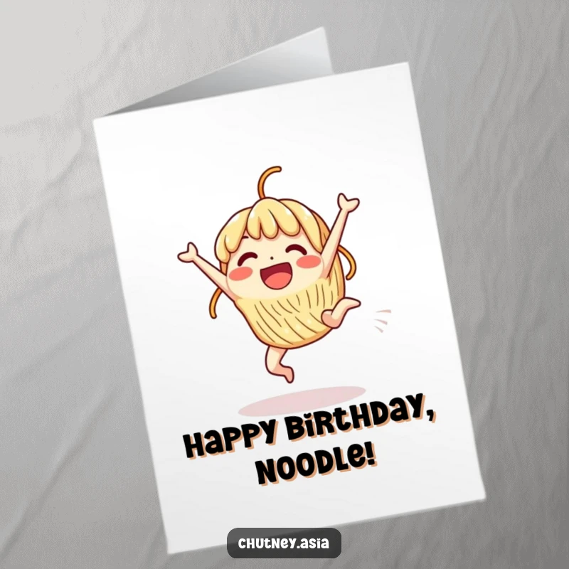 Funny Free Printable Birthday Card: An excited, beaming noodle character is caught mid-cartwheel with joy.