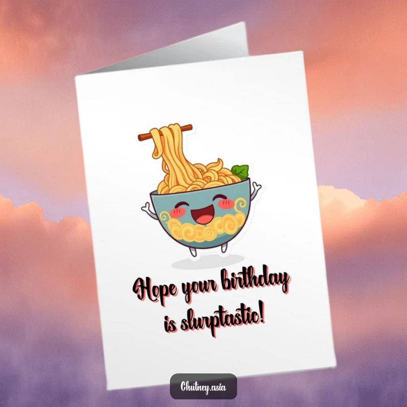 Funny Free Printable Birthday Card: Cheerful ramen bowl wiggling excitedly, celebrating with food humor, downloadable greeting for birthdays.