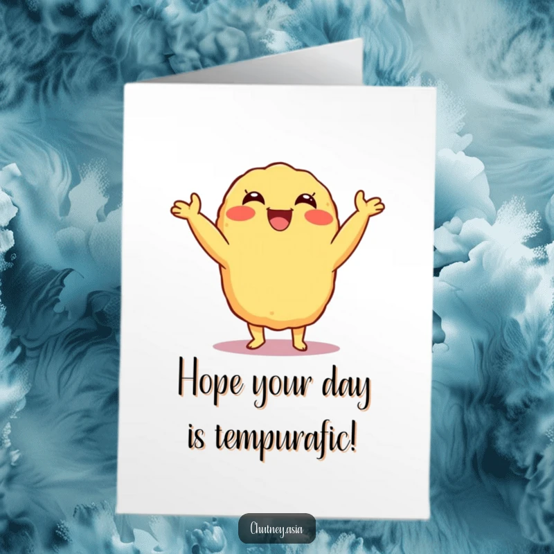 Funny Free Printable Birthday Card featuring a delighted, grinning Tempura character doing a happy shimmy.
