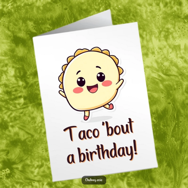 Funny free printable birthday card: a cheerful taco character happily jumps, celebrating another year with zest.