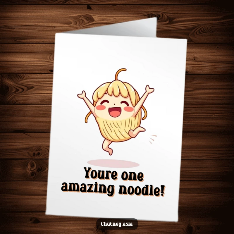 Free Printable Congrats Card: A beaming noodle character performs an excited cartwheel, celebrating achievement.
